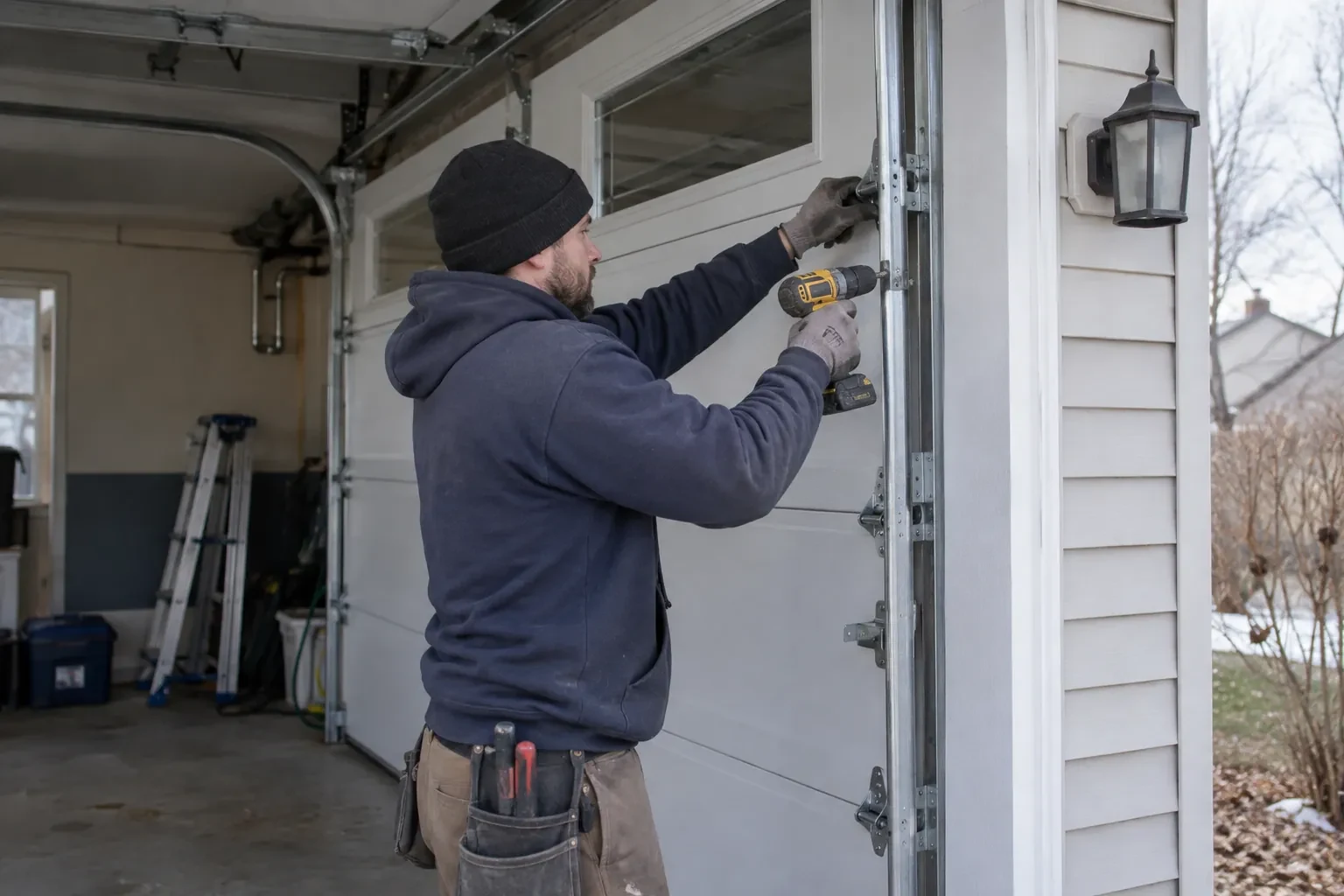 Technician in a black beanie fastening a hinge plate to a white door with small windows using a yellow cordless drill.