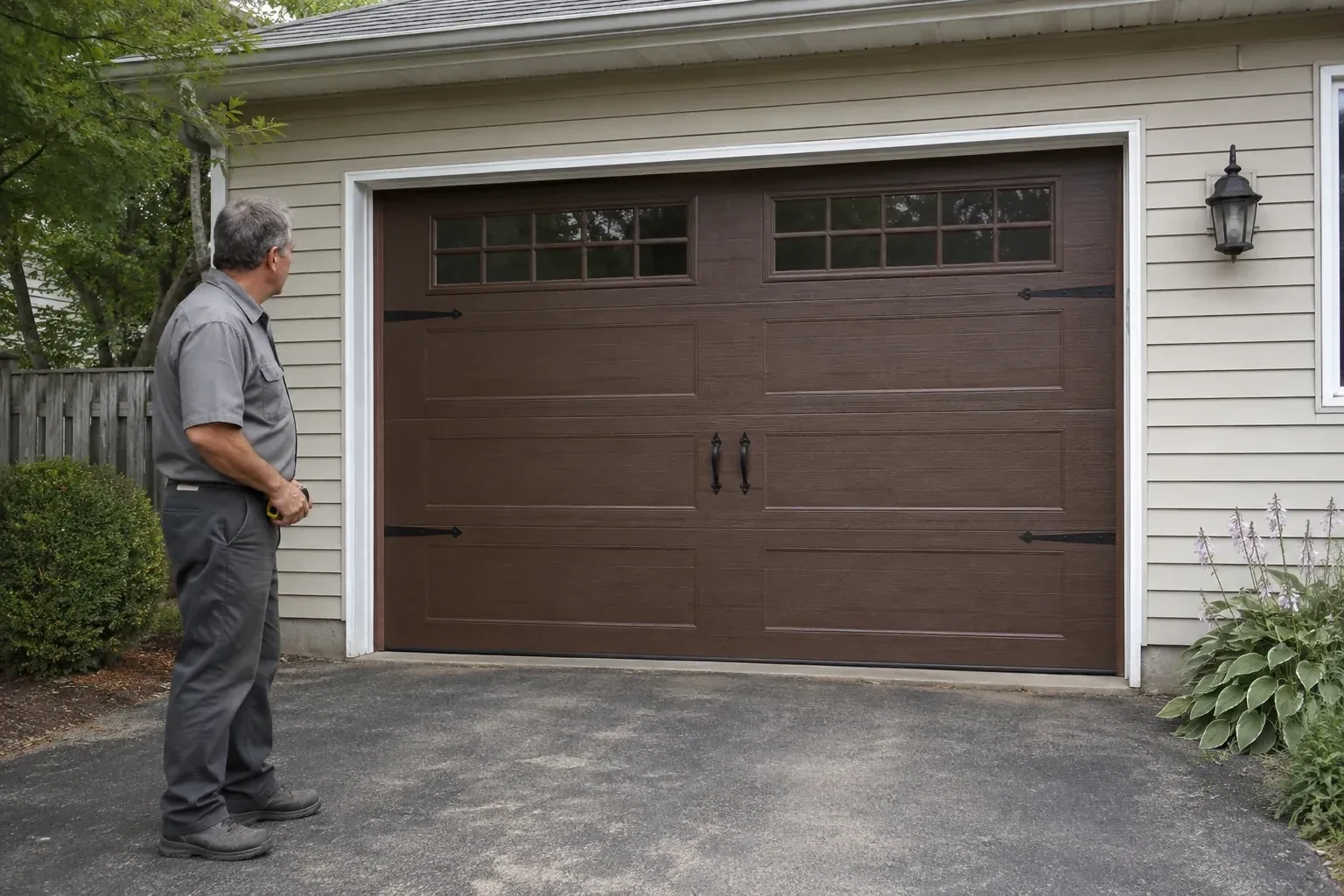 A person stands beside a closed brown garage door with upper windows and black decorative straps and handles. — Carriage-House Garage Door Installation, Sunset Beach