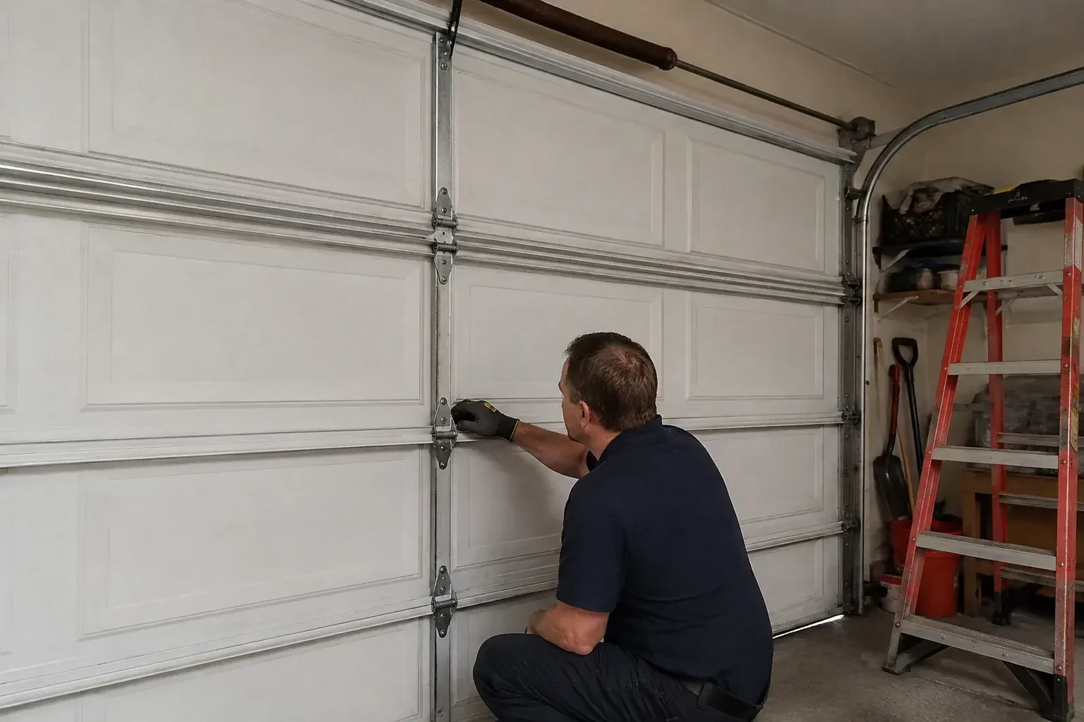 A person examines a central hinge joining two sections of a closed garage door. — Garage Door Hinge Replacement, Cannington
