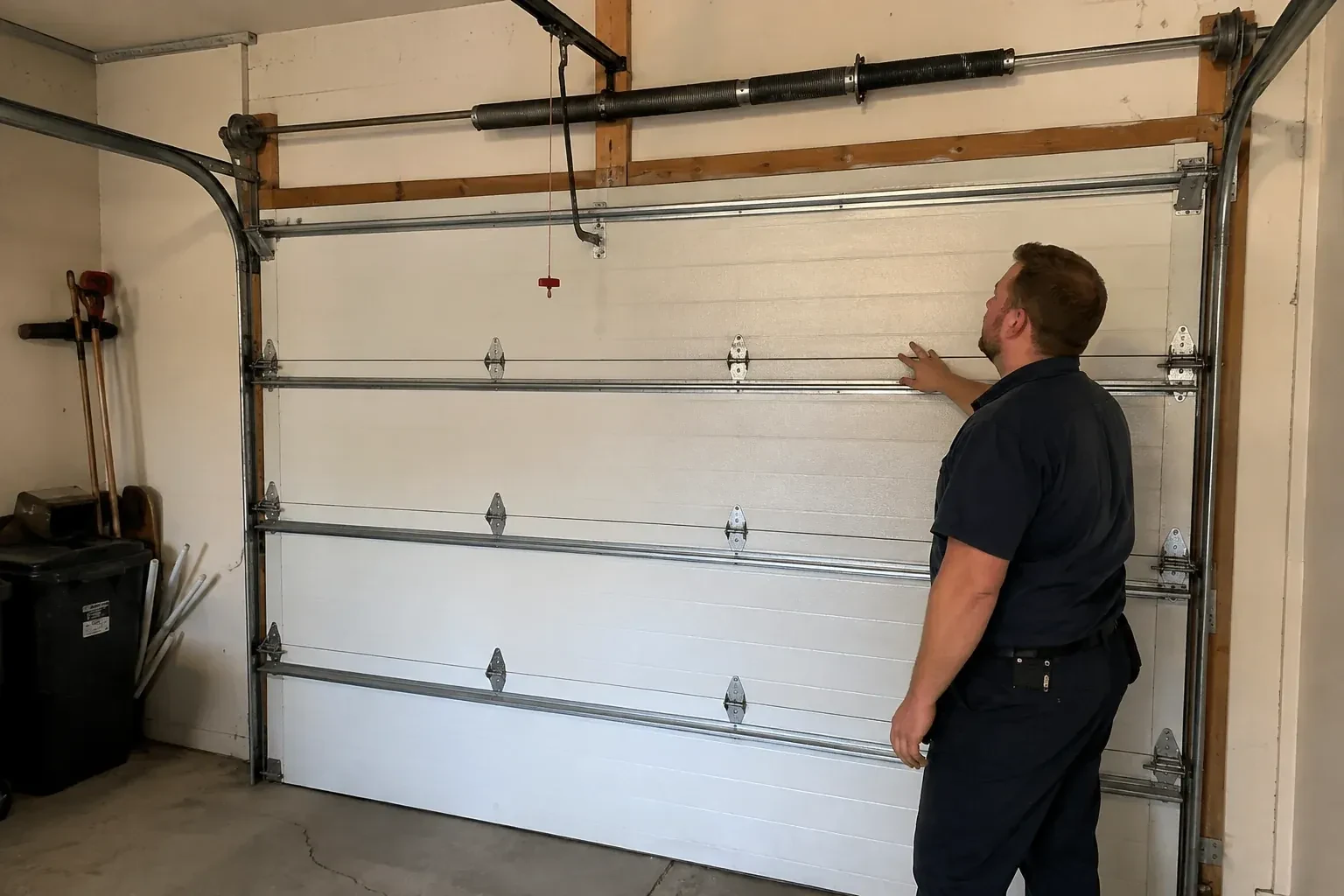 A person stands beside a closed sectional door beneath its overhead spring assembly. — Garage Door Balance Adjustment, Virginia Beach