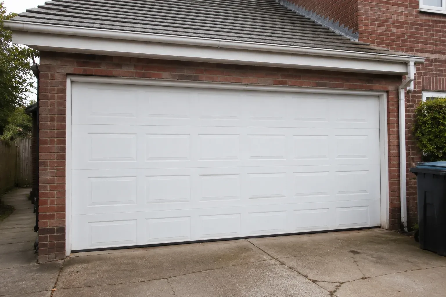 Closed white sectional garage door at an ordinary brick house. — Sectional Garage Door Replacement, Georgina