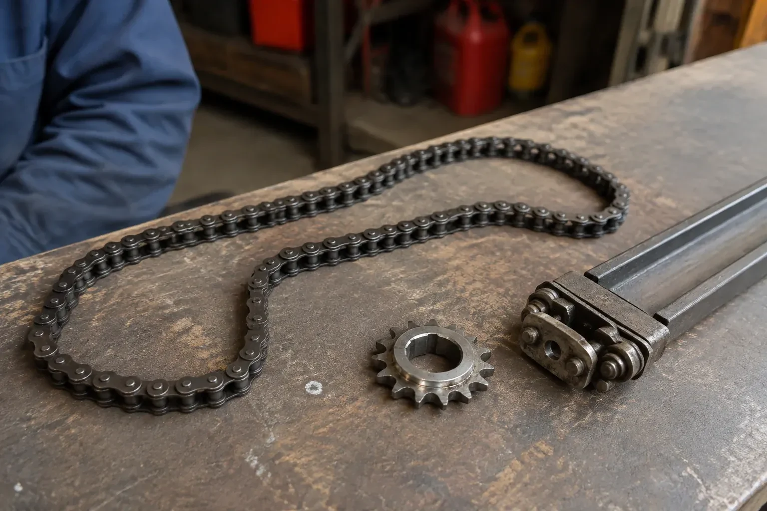 A detached metal roller chain, toothed sprocket and rail component rest on a worn garage workbench. — Chain-Drive Opener Repair, Derryville