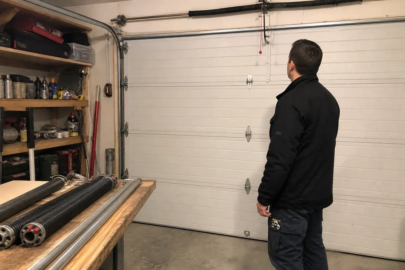 Person in a jacket facing a closed white sectional door, with coiled springs and steel tubes on a wooden bench. — Extension Spring Replacement, Cannington