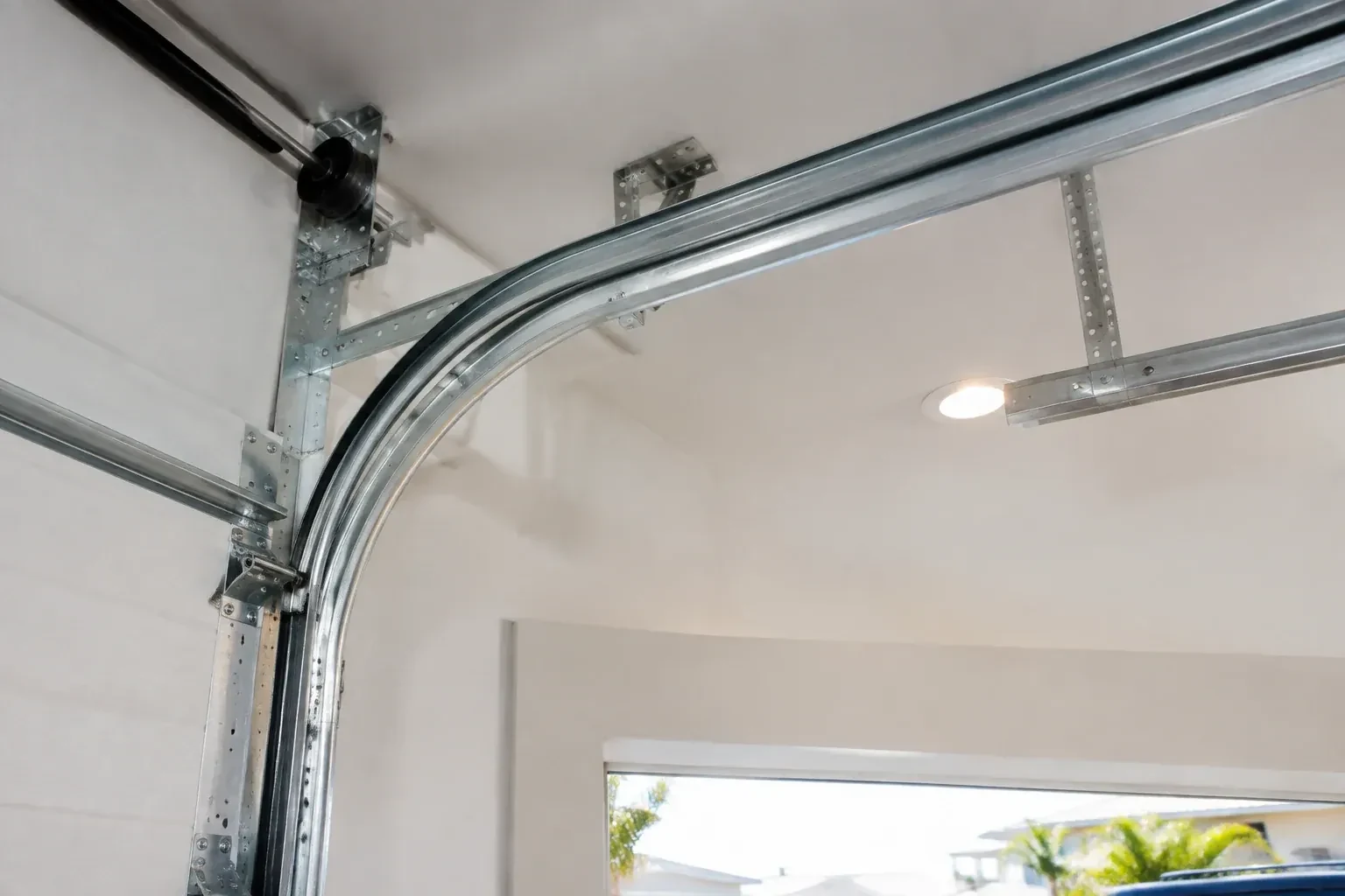 Curved galvanized steel track bending from the vertical door track into the ceiling, with perforated brackets and a recessed light. — Garage Door Track Repair or Replacement, Georgina
