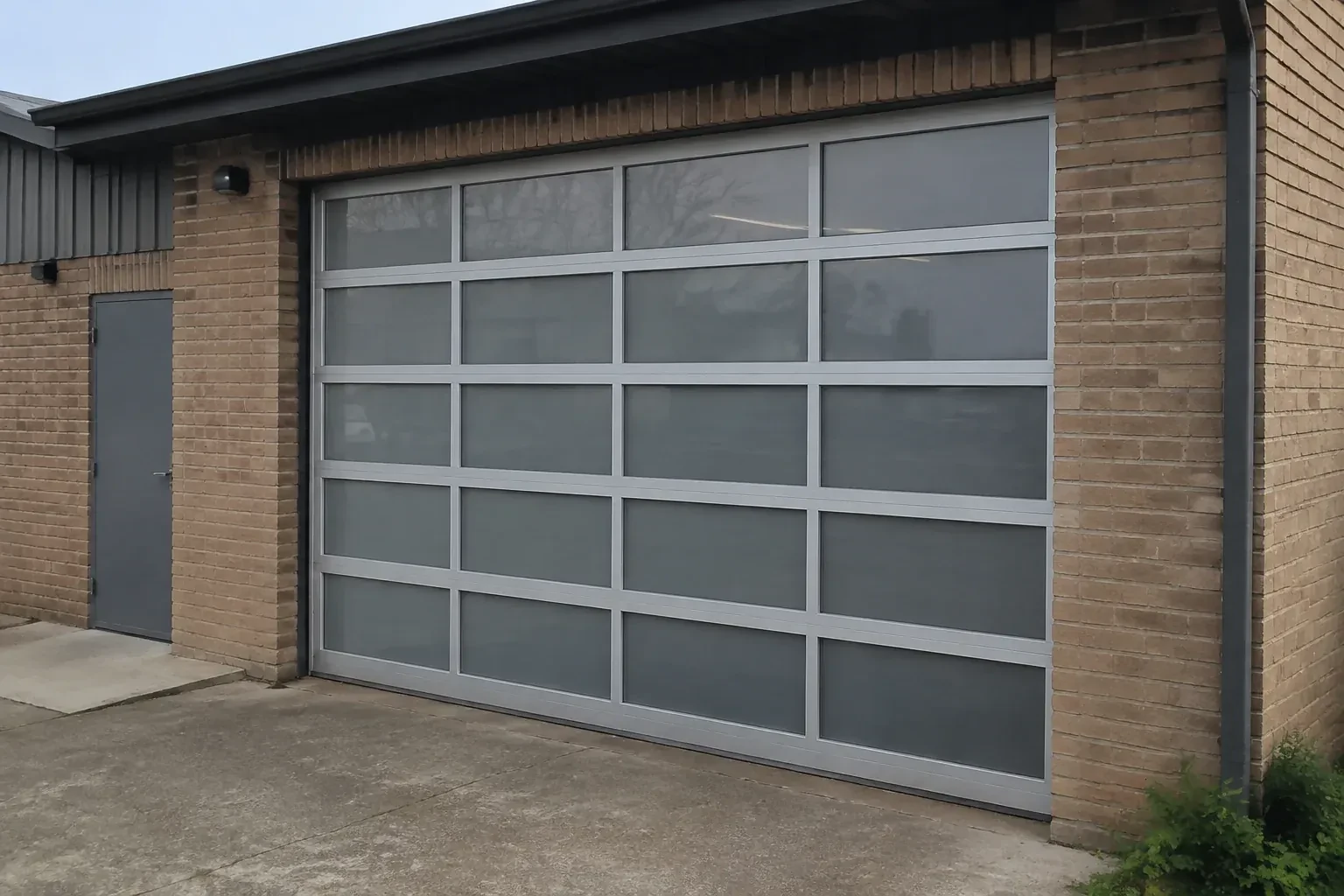 Closed glazed sectional door in a grey metal frame at a brick workshop. — Full-View Glass Garage Door Installation, Sunset Beach