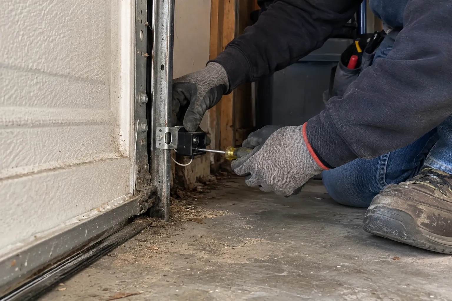 Gloved hands using a yellow-handled screwdriver to fasten a small black sensor to a vertical metal track beside a white door panel. — Photo-Eye Sensor Alignment or Replacement, Georgina