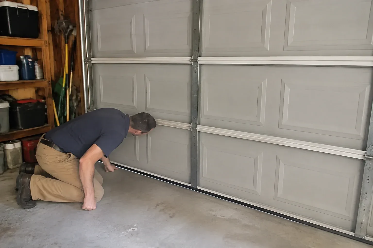 Person kneeling with a hand at the base of a gray paneled door that has a black strip along its bottom. — Garage Door Perimeter Weatherstrip, Georgina