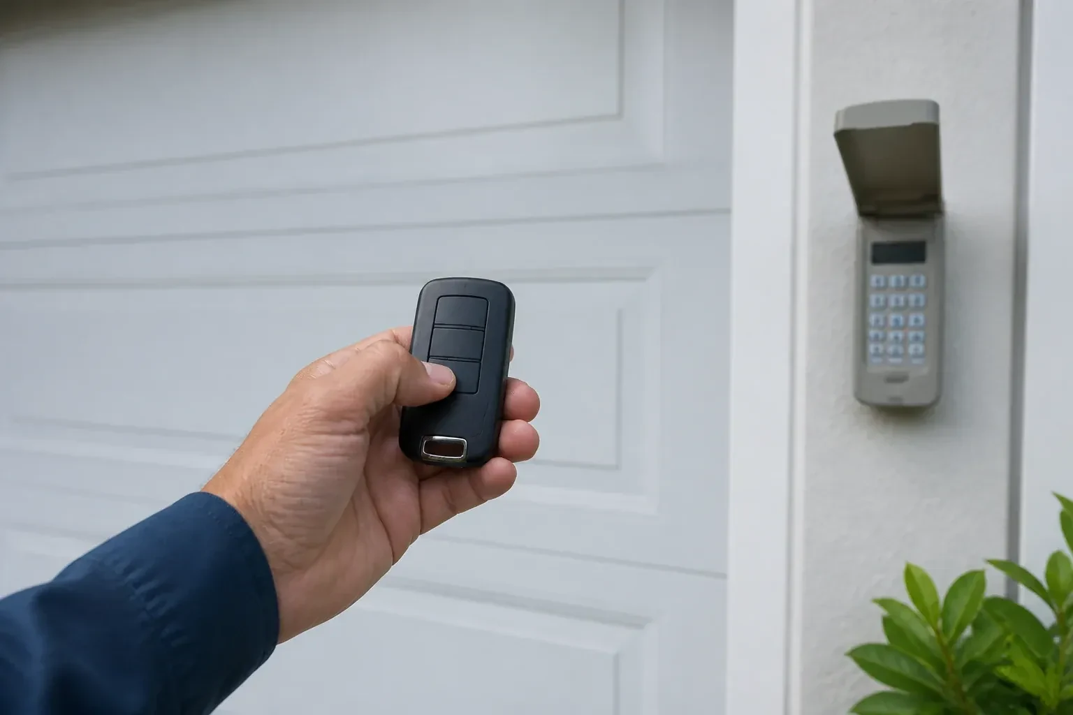 Hand holding a black three-button remote in front of a white paneled door, with a wall keypad and open cover at right. — Garage Door Remote and Keypad Programming, Georgina