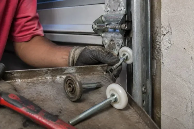 Gloved hand holding a white garage-door roller beside its track, with two loose rollers and a red tool on a tray. — Garage Door Roller Replacement, Cannington