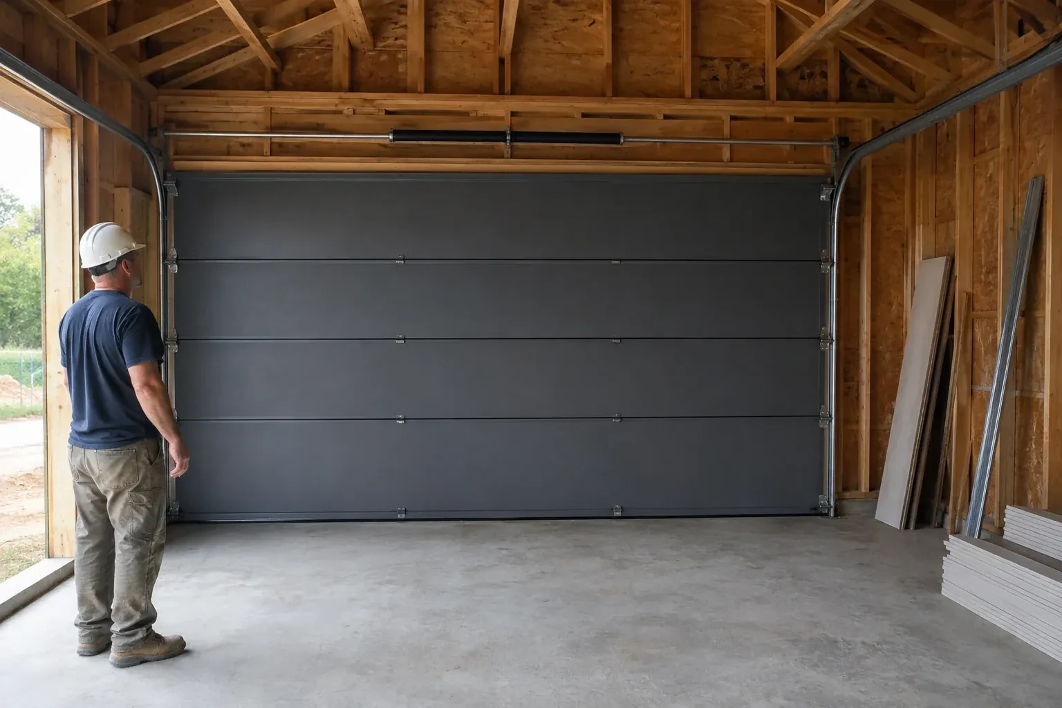 A person wearing a hard hat stands beside a dark sectional door in an unfinished timber-framed garage. — New-Construction Garage Door Installation, Sunset Beach