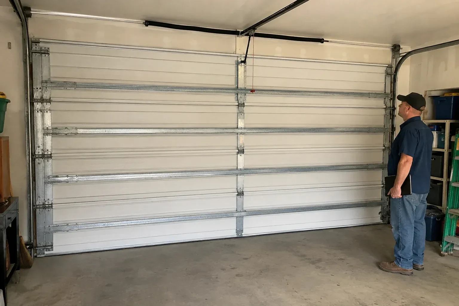A person examines horizontal metal reinforcement members across the interior of a closed garage door. — Wind-Rated Garage Door Replacement, Georgina