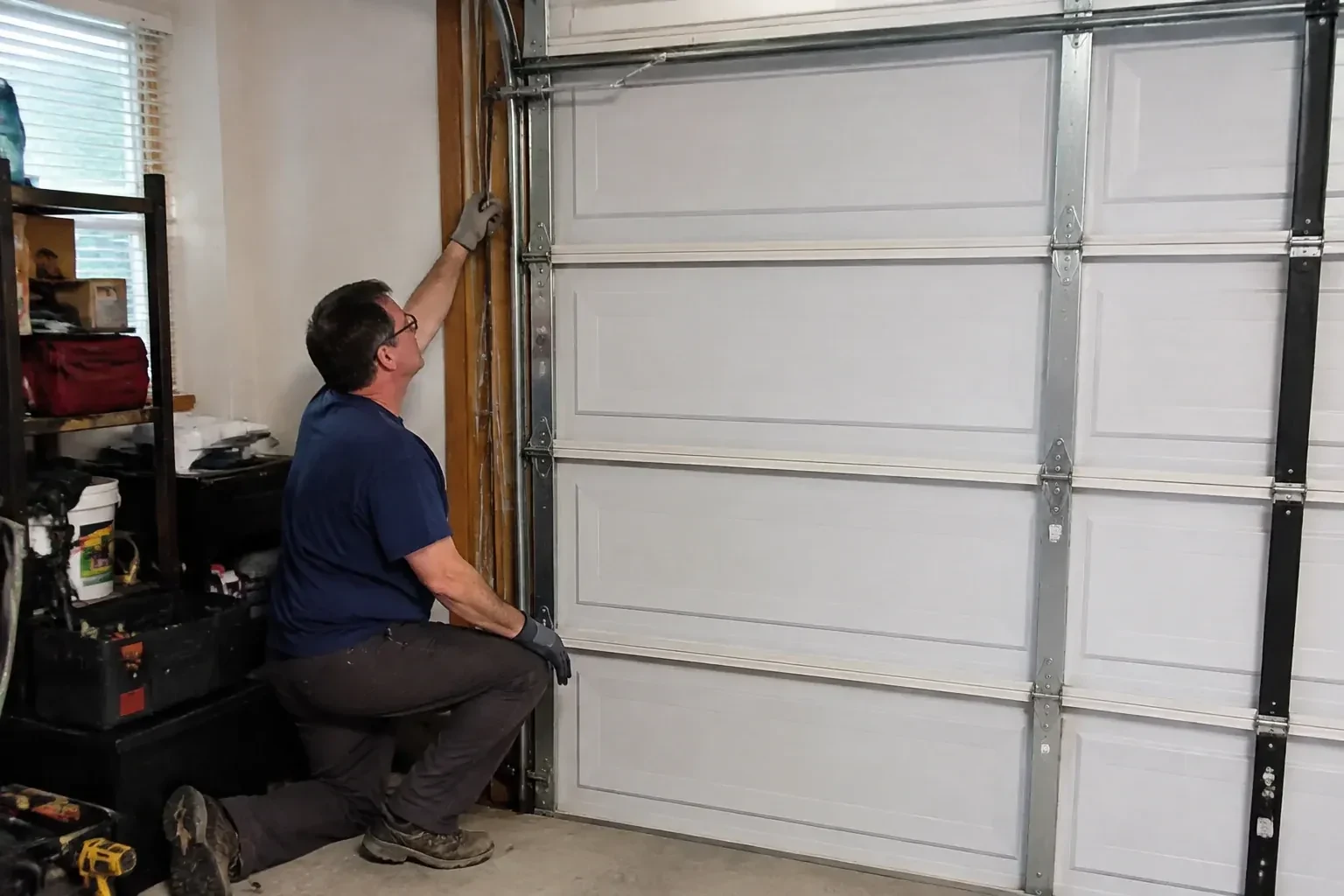 Person kneeling inside a garage reaching up along the vertical track of a white paneled door, with a toolbox and drill nearby. — Garage Door Cable Replacement, Cannington