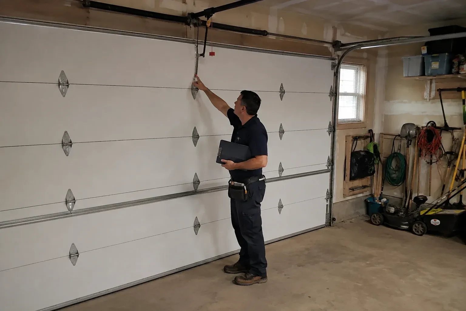 A person holding a clipboard examines the interior hardware of a closed garage door. — Garage Door Tune-Up, Georgina