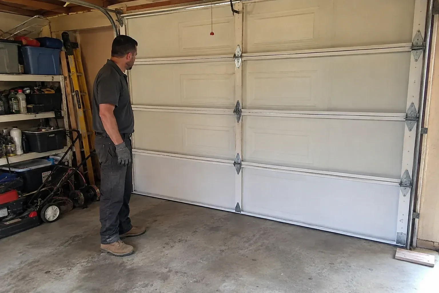 A person examines the interior panels and hinges of a closed sectional garage door. — Garage Door Panel Replacement, Georgina