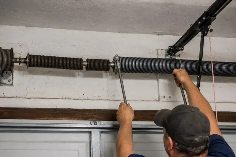 Person holding metal bars beside exposed coiled springs above a garage door. — Torsion Spring Replacement, Sunset Beach