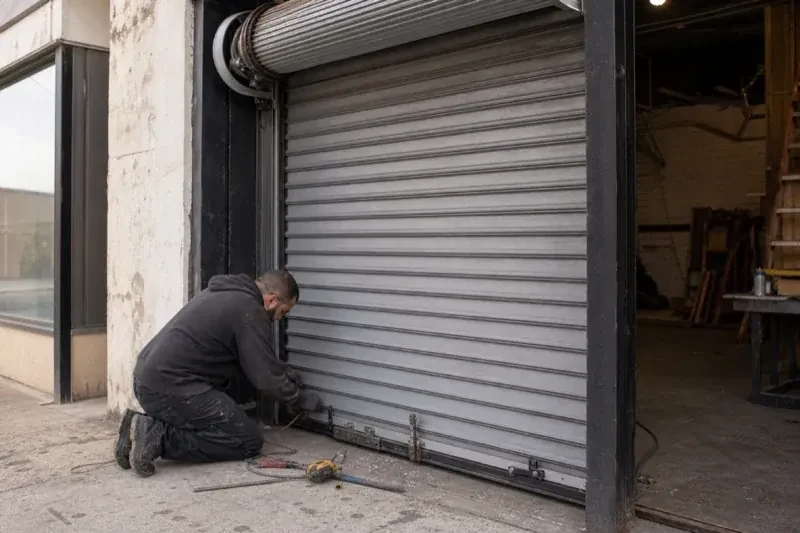Person kneeling beside the bottom of a metal rolling door with tools on the ground — Commercial Rolling Door Repair, Sunset Beach