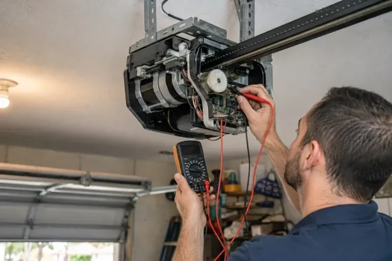 Person holding a multimeter and a red probe near the exposed circuit board of an overhead garage-door opener. — Garage Door Opener Diagnosis and Repair, Georgina