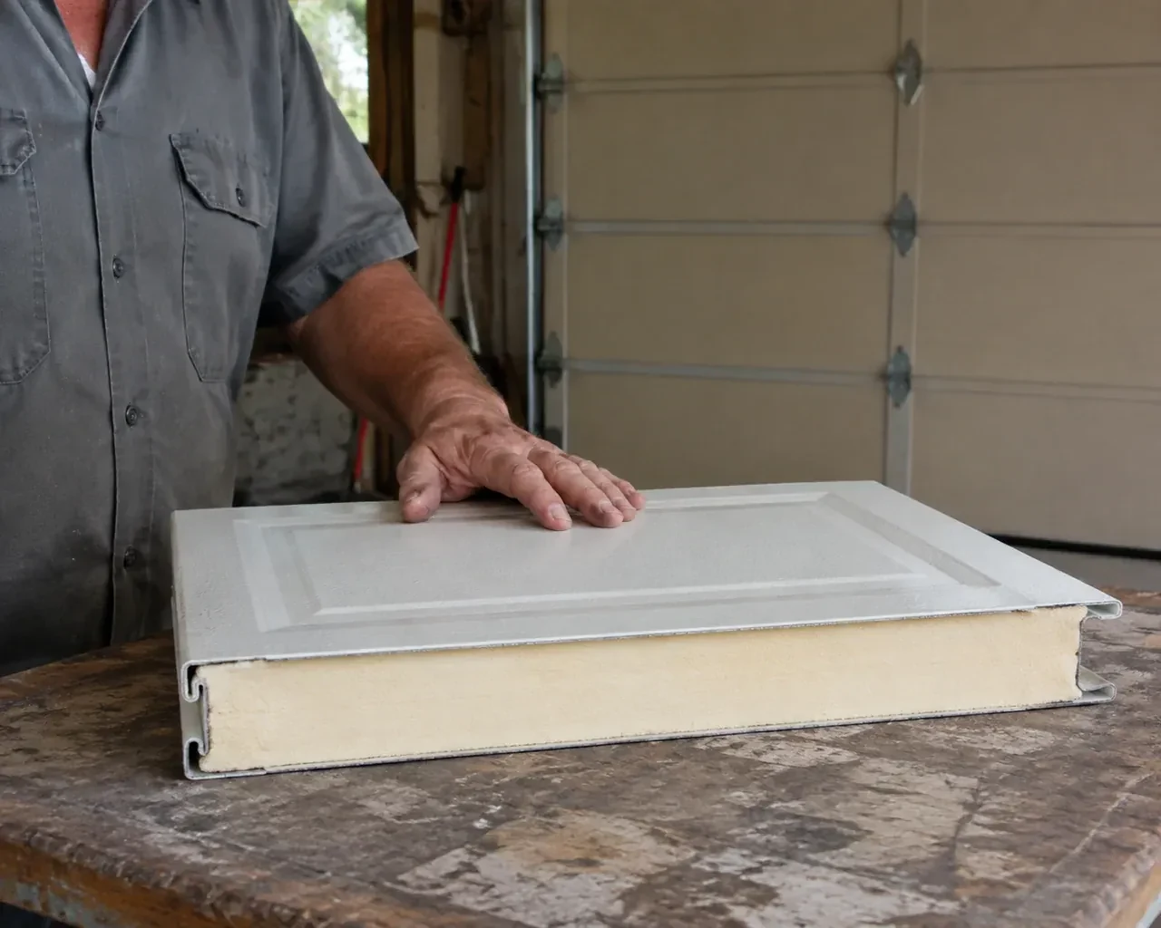 A panel sample exposes a cream foam core between thin metal faces on a garage workbench. — Insulated Steel Garage Door Installation, Royal Beach