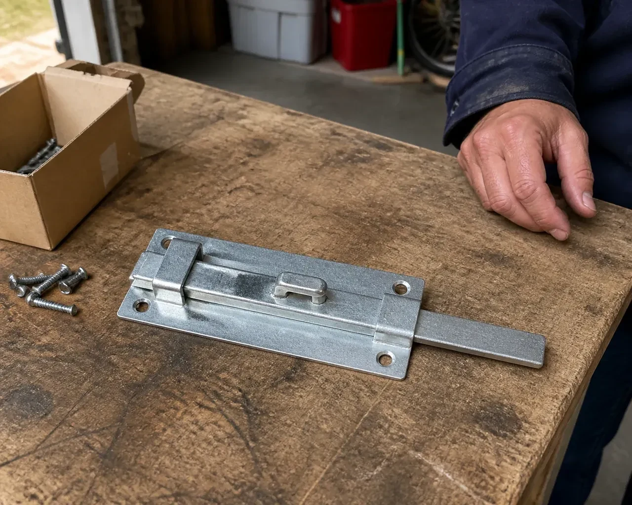 A detached metal slide bolt with mounting holes and retaining guides rests beside screws on a workbench. — Garage Door Manual Lock Repair, Georgina