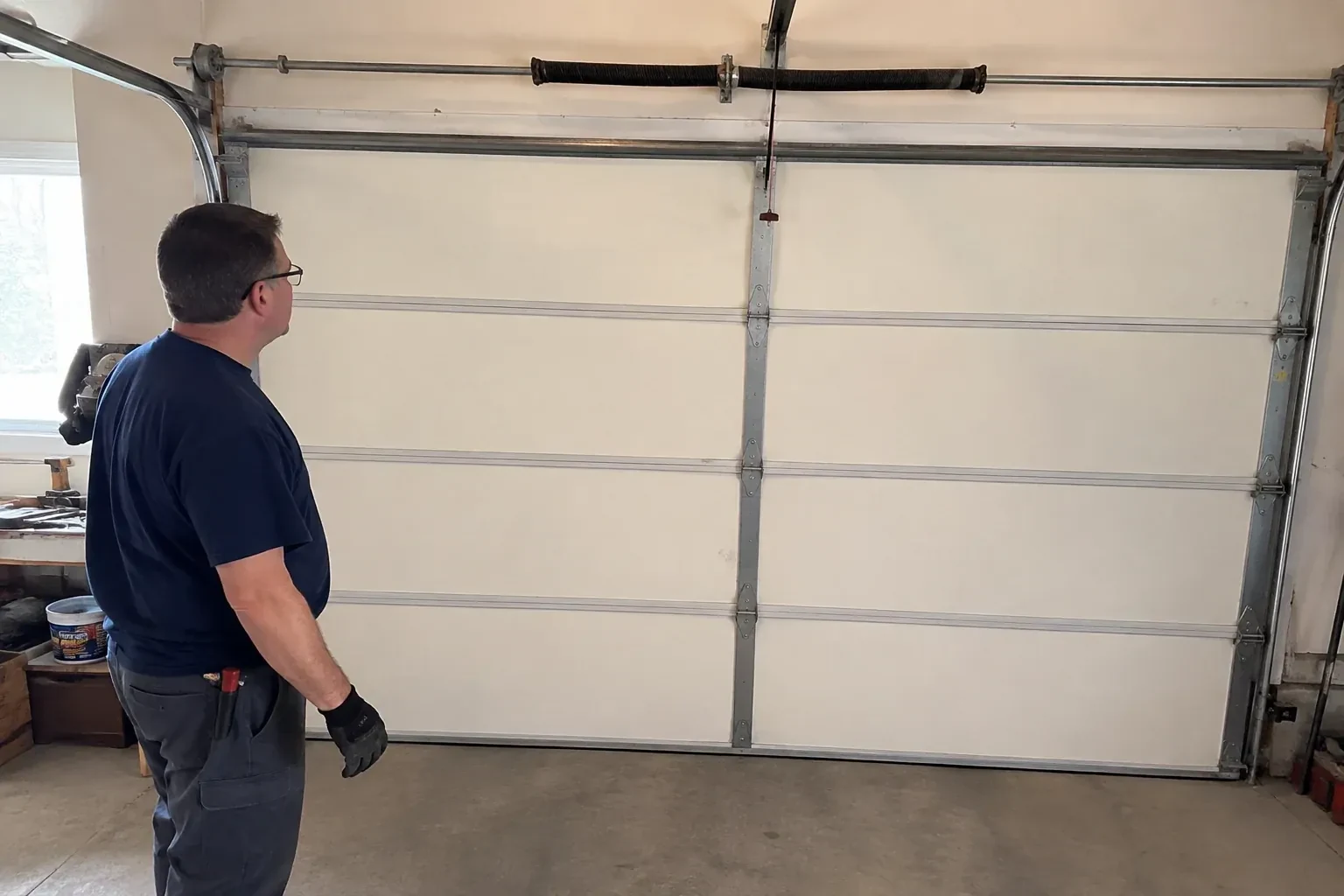 Person in a dark shirt standing before a closed cream sectional door, looking up at a coiled spring and red-tipped cord. — Off-Track Garage Door Reset, Georgina