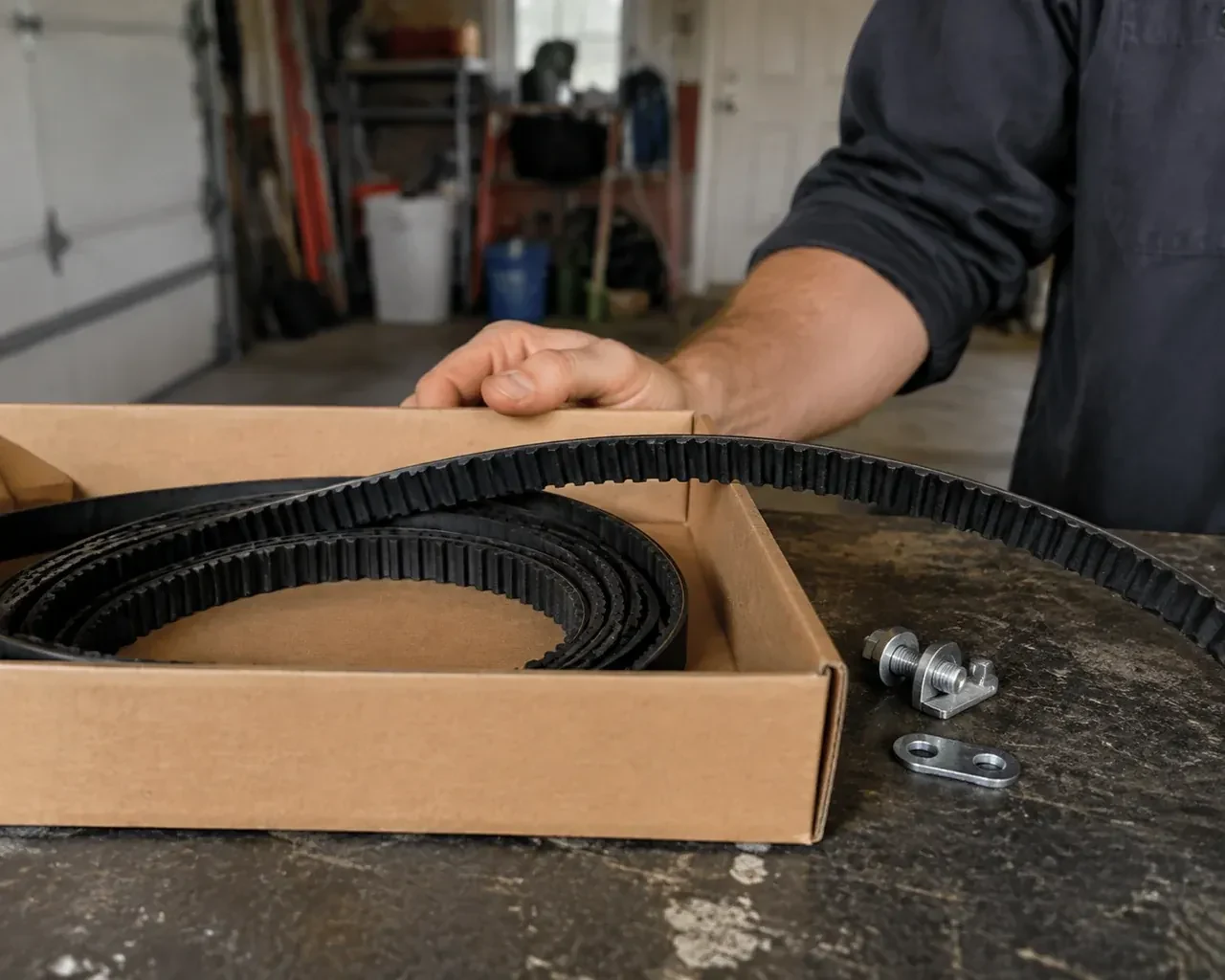 A toothed black drive belt lies in an open cardboard box beside small metal fittings on a garage workbench. — Belt-Drive Opener Repair, Cannington