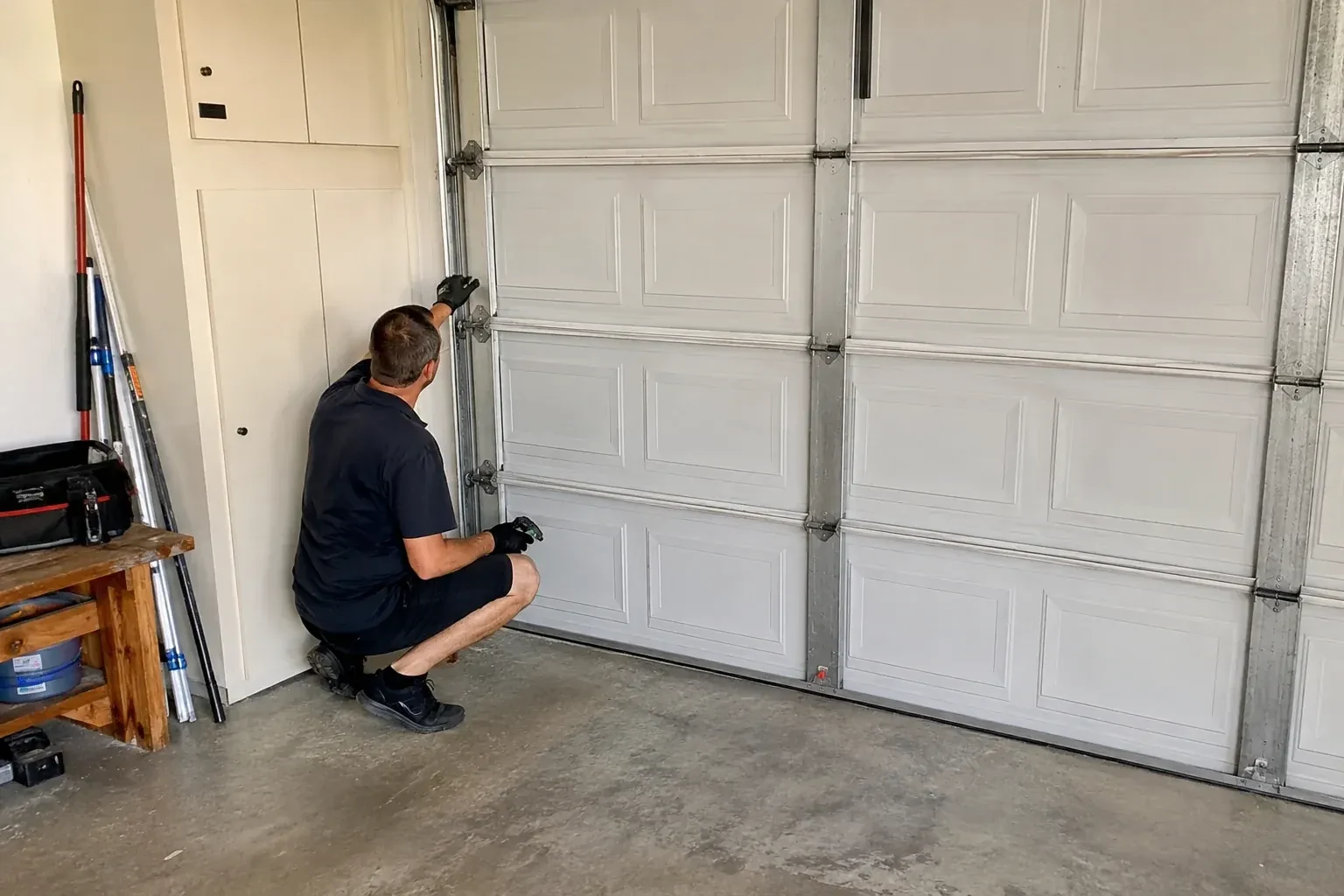 A person kneels beside the side track and hinges of a closed sectional garage door. — Garage Door Safety Inspection, Georgina